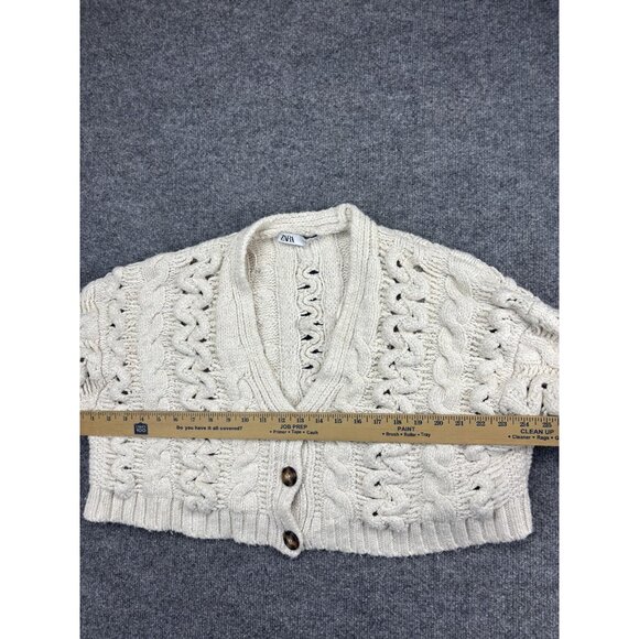 Zara Cardigan Sweater Womens Medium Cream Chunky Cable Knit Cropped Button Front - Picture 5 of 7
